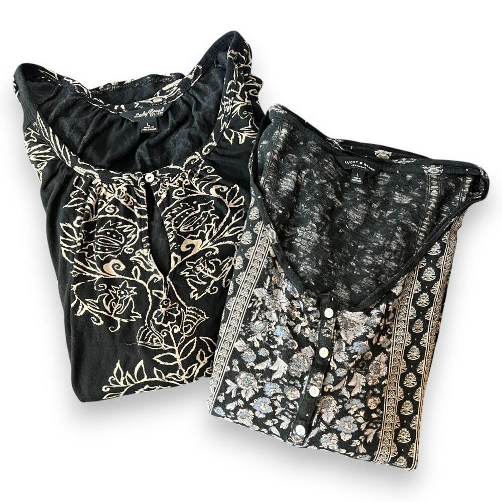 Lucky Brand Bundle Womens Large Black Navy Boho Tops Floral Embroidered‎ Print L